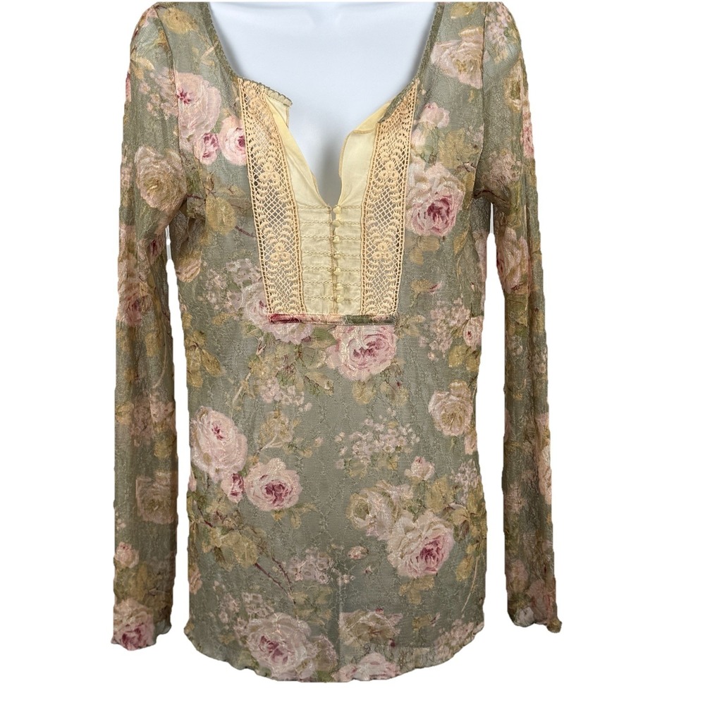 Denim & Supply Ralph Lauren M Floral Sheer Lace Top Henley T-Shirt Vtg Y2K Fairy